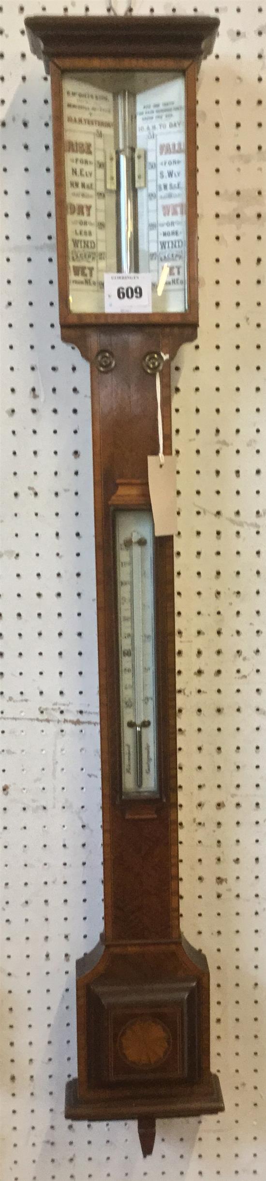 A late Victorian satinwood banded mahogany stick barometer, 3ft 5in.